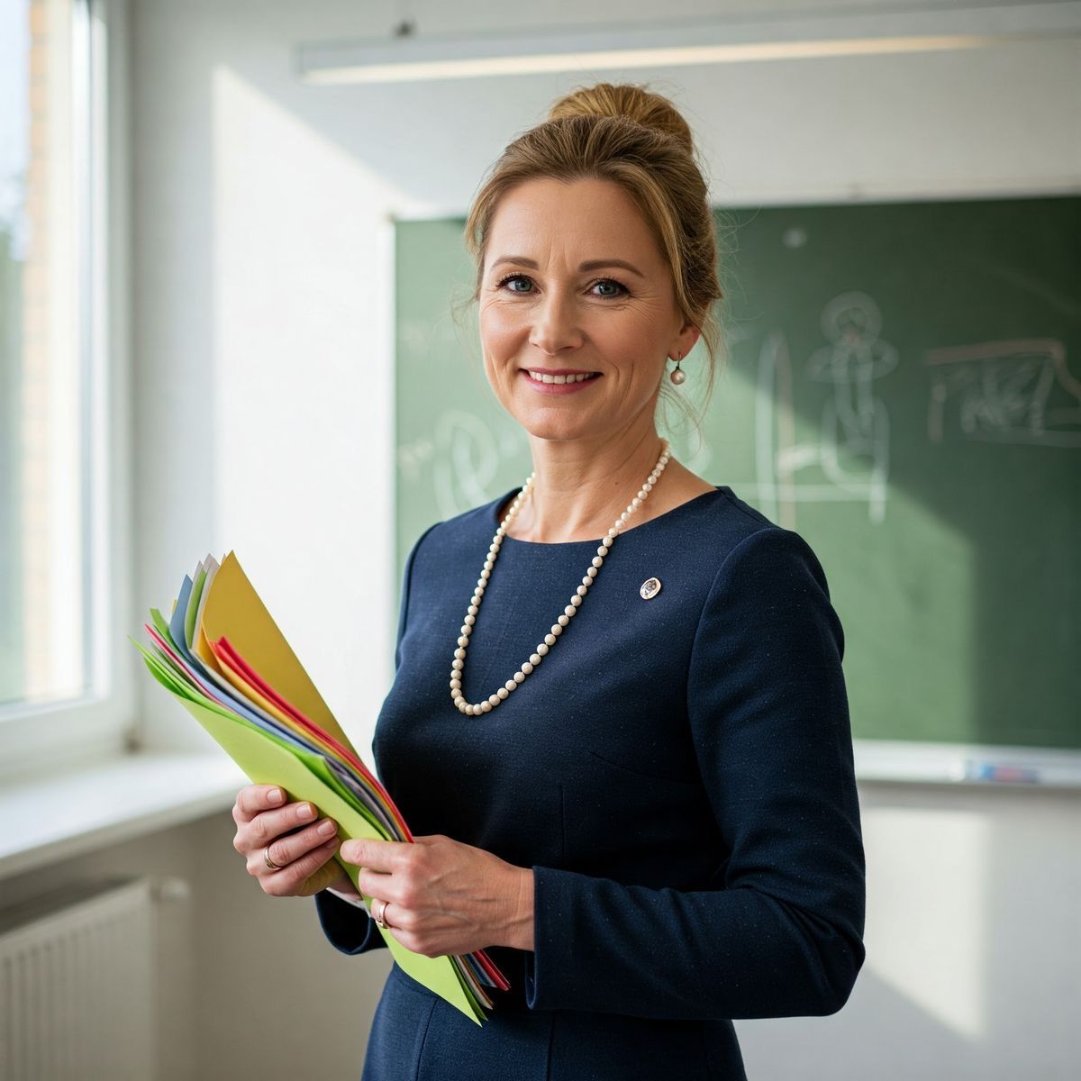 Professora Letícia em sala de aula segurando materiais coloridos