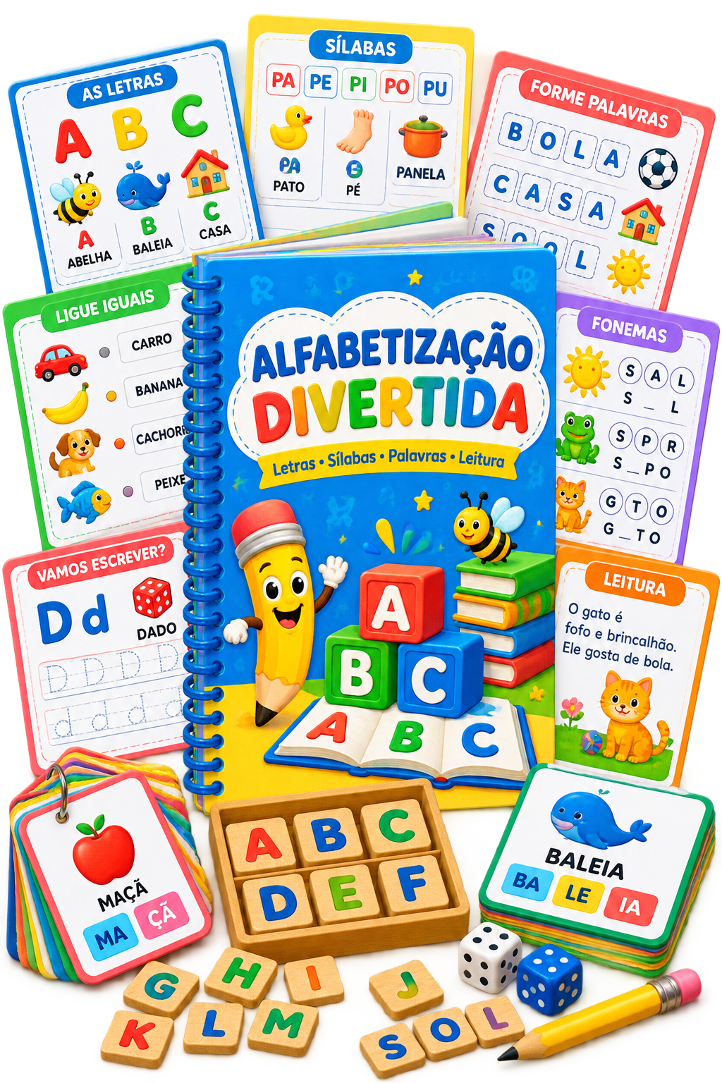 Pacote de atividades de alfabetização impressas com livro, cartelas e letras